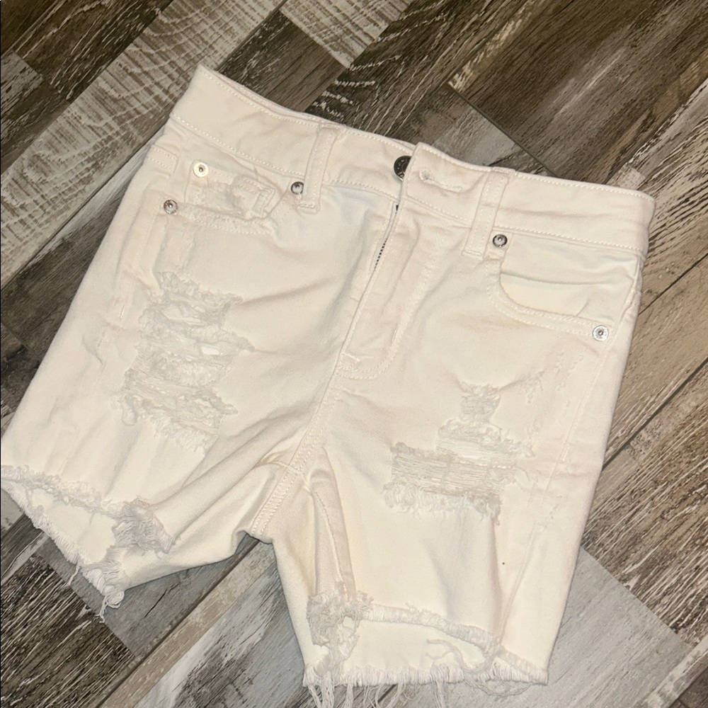 American Eagle Outfitters Cream Distressed Jean Shorts
